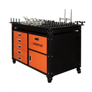Stół spawalniczy 1200x750x820mm na kółkach, system D16, z szufladami, szafką i zestawem 62 narzędzi
